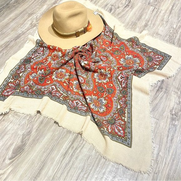 Wool blend vintage floral scarf/wrap w farmhouse folk country vibe - Picture 14 of 15